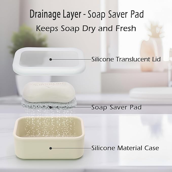Enhanced Leak Proof Traveling Soap Container,Compact Silicone Travel soap case with Drainage Layer,Shatterproof Soap Box with a See-Through lid for Bathroom,Gym,Camping (Clear&Offwhite)
