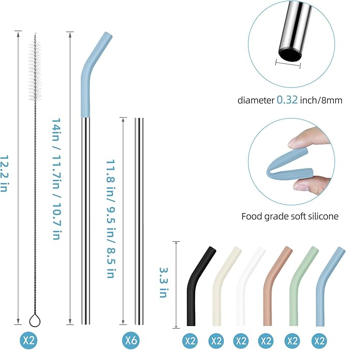 20 30 40 oz Stainless Metal Straws for Stanley Tumbler, 6Pcs Reusable Straight Long Steel Straws with 12 Silicone Tips and 2 Straw Cleaning Brushes (6Color1, 20 30 40oz)