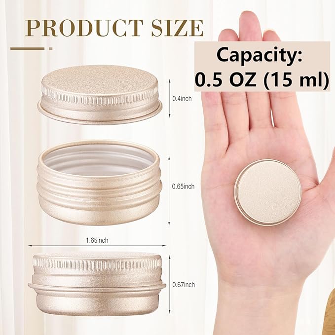 Patelai 64 Pieces Lip Balm Tin Containers Screw Top Round Tin Cans Aluminum Jar with Screw Lid, Empty Bottle Travel Cosmetic Sample Container for DIY(0.5 oz,Champagne)