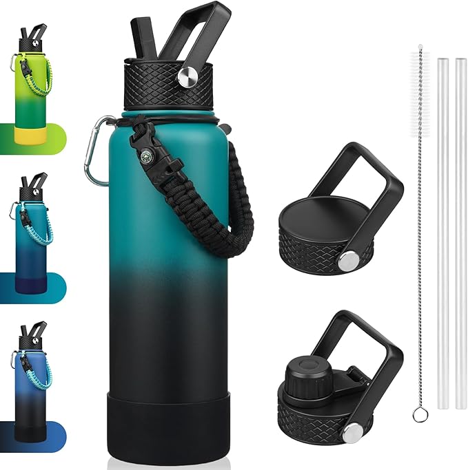 BJPKPK Insulated Water Bottles with Straw Lid, 40oz Large Water Bottle with 3 Lids, Paracord Handle & Non-slip Boot, BPA Free Stainless Steel Metal Jugs,Tumblers,Cups, Army Green & Black
