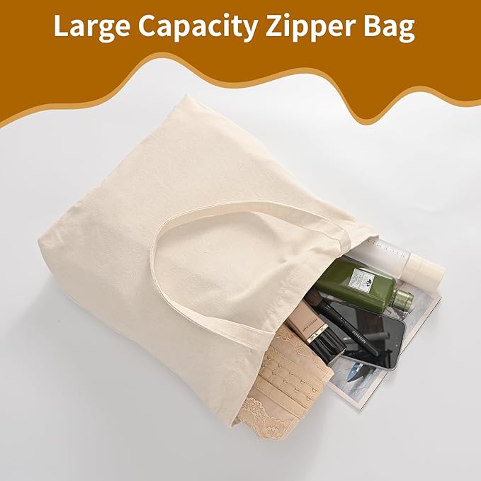 10 Pack Canvas Tote Bag with Zipper, Reusable Grocery Bags with Long Handle, DIY Heat Transfer Sublimation Blanks Shopping Bags for Advertising, Birthday, Thanksgiving, Christmas Craft Bags