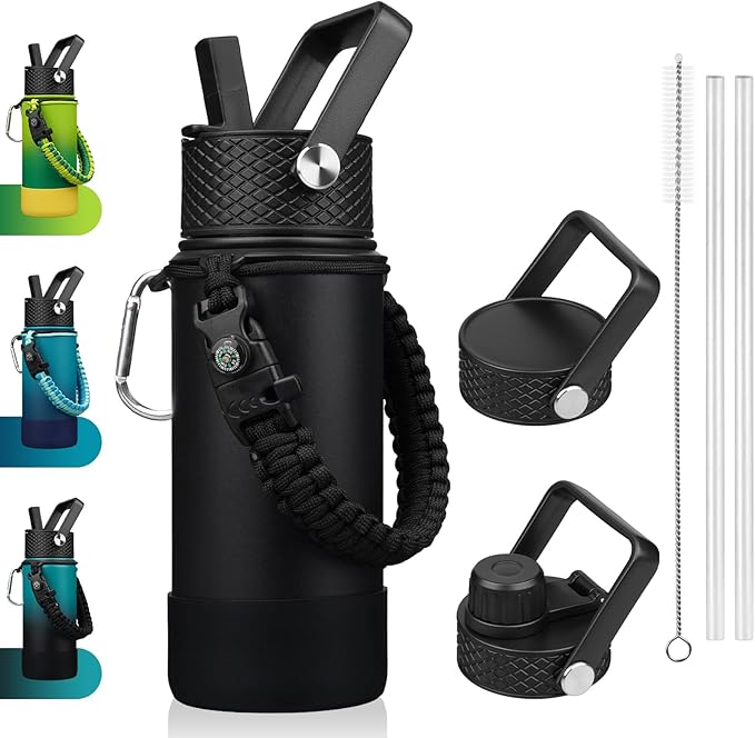 BJPKPK Water Bottle with Straw Lid, 18oz Insulated Water Bottles with 3 Lids, Paracord Handle & Non-slip Boot, Metal Stainless Steel Thermal Flasks, BPA Free Leak Proof Cups, Tumblers,Black