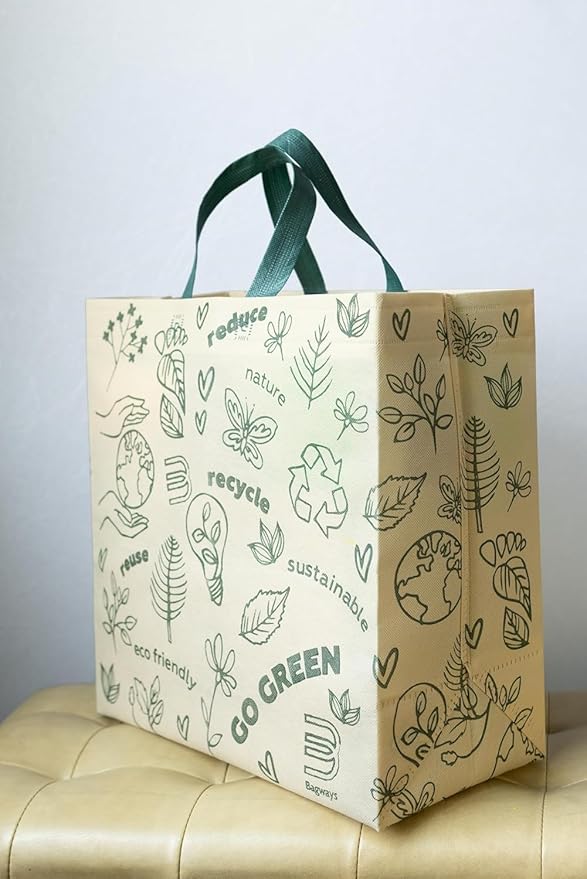 Bagways 50 PACK Reusable Grocery Totes with Handles, Durable, Foldable, Washable Eco-Friendly Shopping Tote Bags Bulk, 14x6.5x14 inches - Beige/Green Ecodoodles