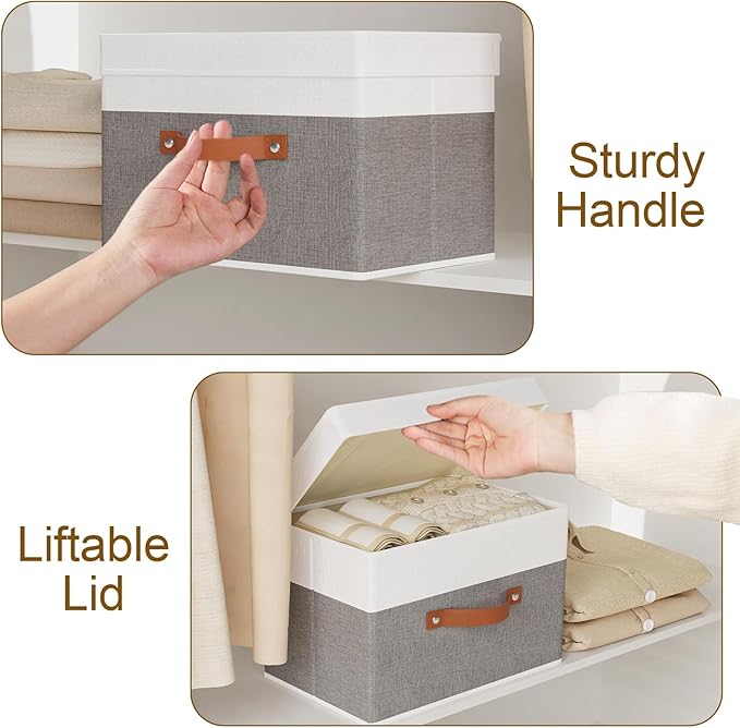 Fabric Storage Boxes with Lids, Linen Foldable Cloth Baskets, Closet Organizer Containers with Double Handles, Sweater Bins for Bedroom, White and Grey, 3 Pack, 13 x 9.1 x 7.9 Inch