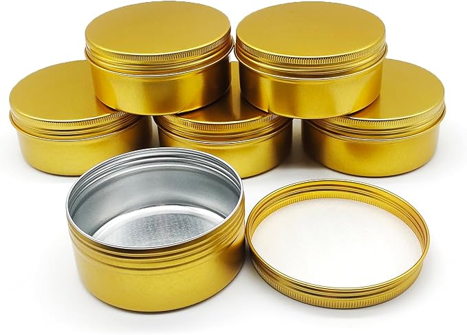 6pcs 150ml Aluminum Tin Jars with Screw Cap Lids, 5oz Empty Makeup Lip Balm Containers Round Travel Jars Cosmetics Pots, Gold Metal Cans for Slime Salve Cream Candle Powder Tea Beads Paints