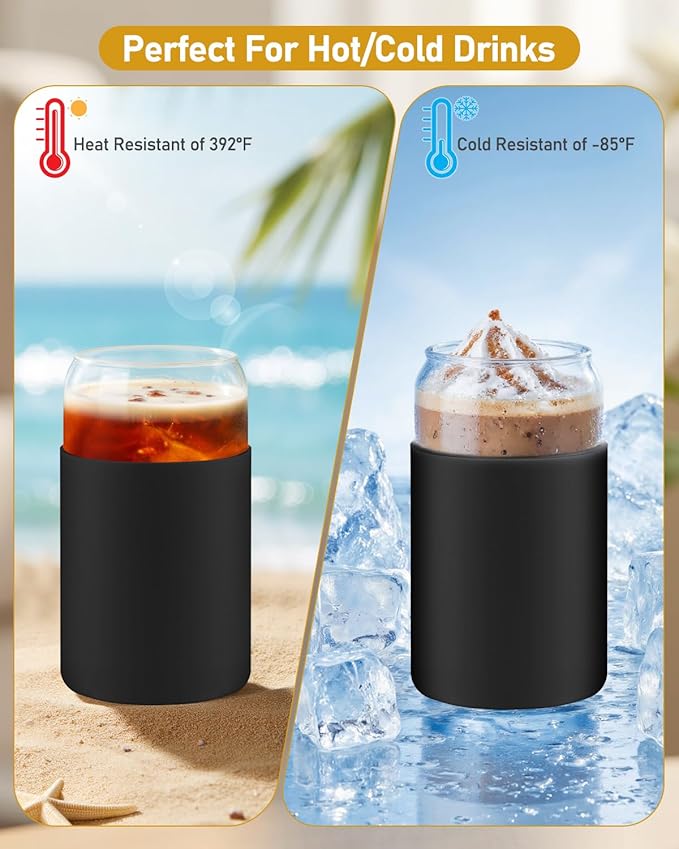 sungwoo Glass Cups with Lids and Straws, 4 Pack 16OZ Iced Coffee Cups with Silicone Sleeve, Glass Tumbler with Straw and Bamboo Lid, Home Essential Drinking Set for Juice, Cocktail and Latte Black