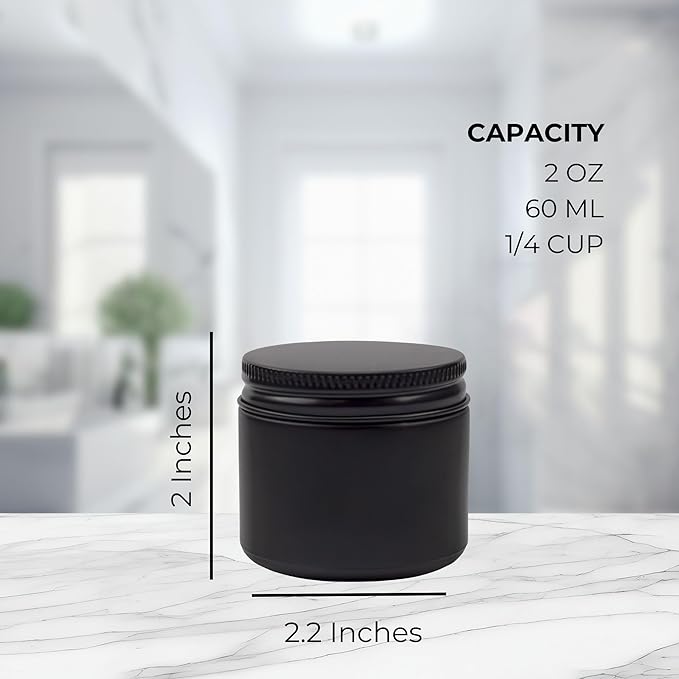 Cornucopia Brands 2-Ounce Black Coated Glass Jars (Pack of 12) Cosmetic Jars with Black Metal Lids and Black Matte Exterior