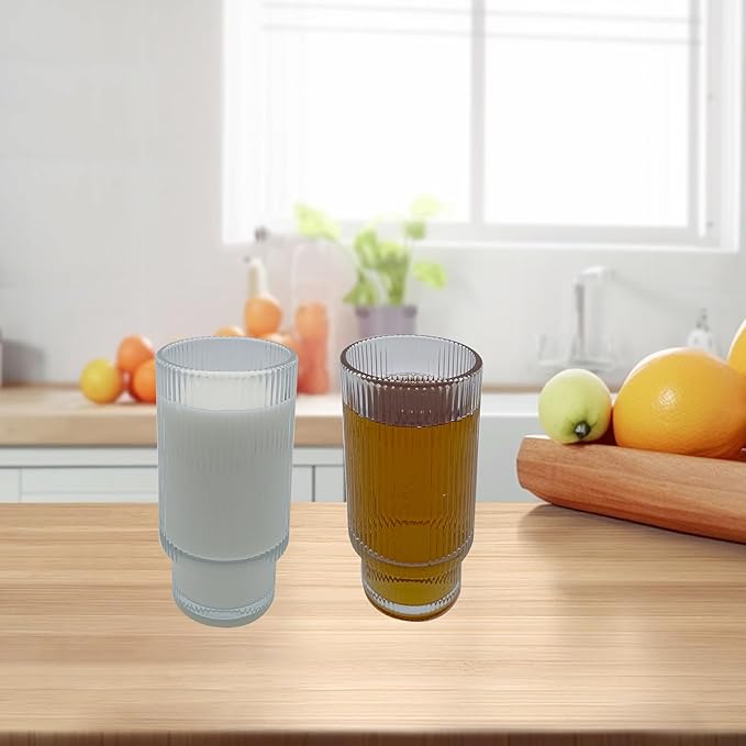 6-Pack Ribbed Glass Tumblers with Lids and Straws - 16oz Iced Coffee Cups, Reusable Glass Cups with Bamboo Lids Set for Tea, Matcha, Cocktails & Sparkling Water - Gift for Christmas, Birthdays
