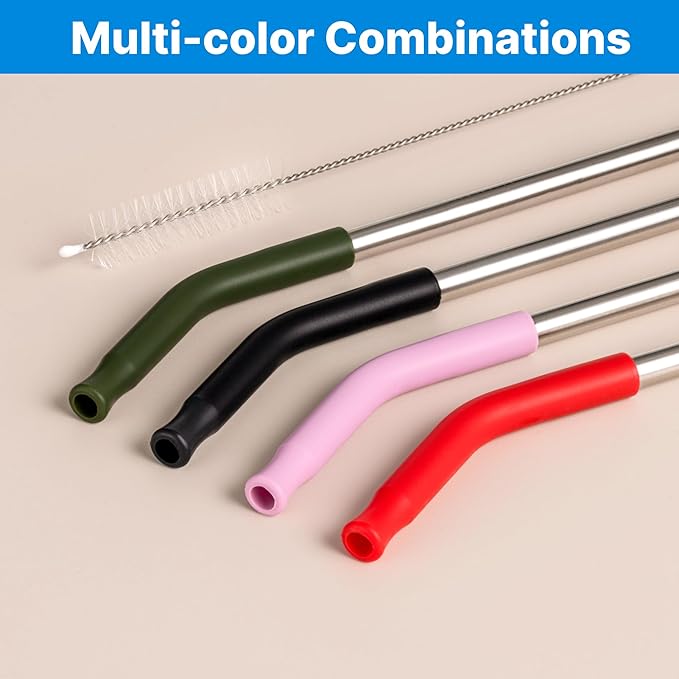 Stainless Steel Straws for 20 oz YETI Tumbler, 4 Pcs Metal Straws Reusable with Silicone Tip for 20 oz Stanley Cup and 16 oz Glass Cups(Color 3)
