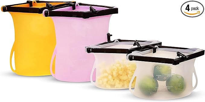 Reusable Silicone Stand-Up Food Storage Freezer Bags Microwave Freezer Dishwasher Safe Snack Bags (2 x 33 Oz + 2 x 17 Oz Random Color)
