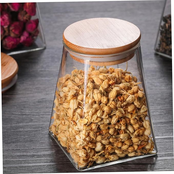 2 Pcs Transparent Glass Storage Jars with Wooden Lids Airtight Tea Canisters Kitchen Containers for Cereals Snacks Pantry Organization and Fresh Food Storage