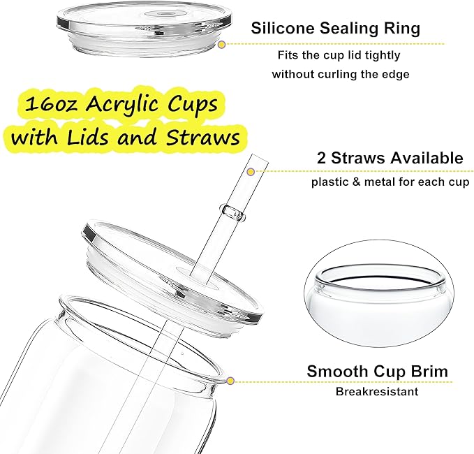 16 oz Clear Plastic Cups Reusable with Lids and Straws & DIY Sticker, 12Pack Acrylic Mason Jars Iced Coffee Drinking Glasses Cup for Park Picnic, Poolside, Party Giveaways