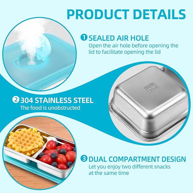 Stainless Steel Snack Containers with Lids, 4 Pack Reusable Grab and Go 2 Compartment Lunch Box for Travel & Outdoor Campin.