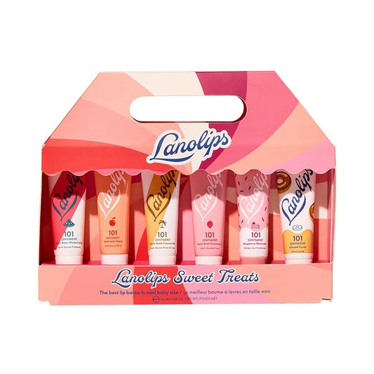 Lanolips Sweet Treats 101 Ointment Lip Balm Minis Gift Set - Strawberry, Coconutter, Watermelon, Raspberry Shortcake, Peach & Glazed Donut - Limited Edition Lanolin Skin Care Set (6 Pieces)