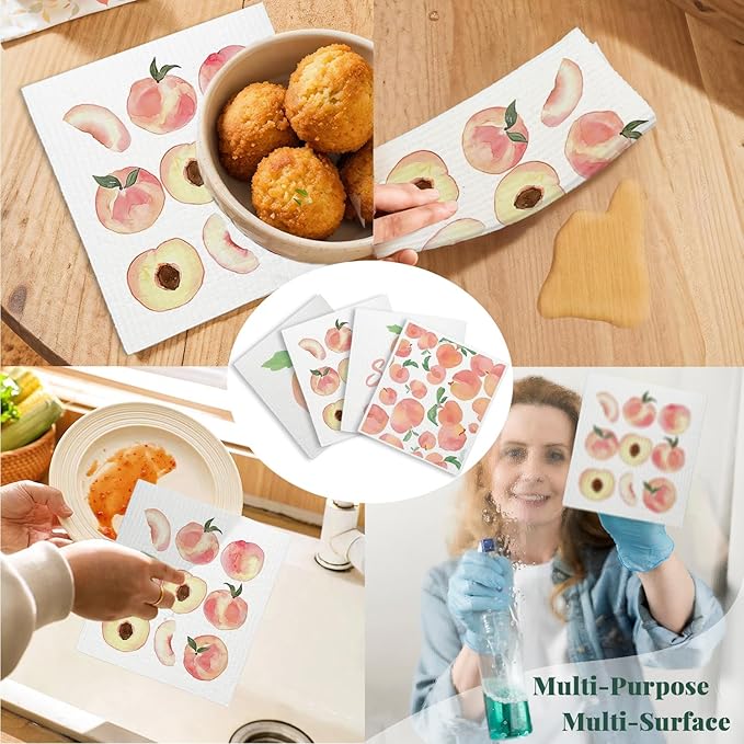 Peach Swedish Dishcloths for Kitchen, Pink Peach Cute Swedish Dish Cloths for Friut, Papaya Reusable Paper Towels, 4 Pack Cleaning Cloth for Kitchen, Reusable Paper Towels Washable
