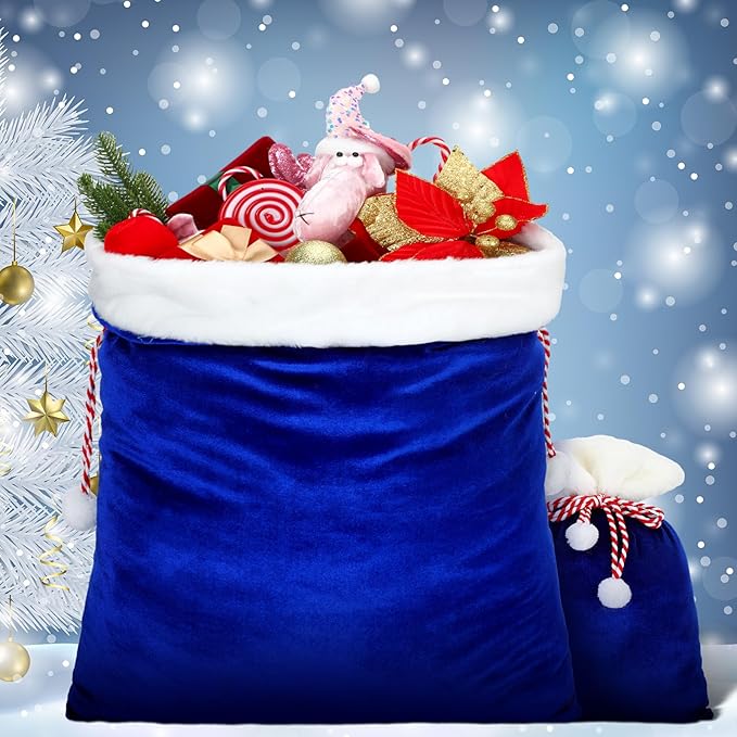 Shappy 2 Pieces Christmas Velvet Santa Bags with Drawstring in 2 Size Large Christmas Bags Santa Gift Sack for Xmas Playing Present Toy(Royal Blue)