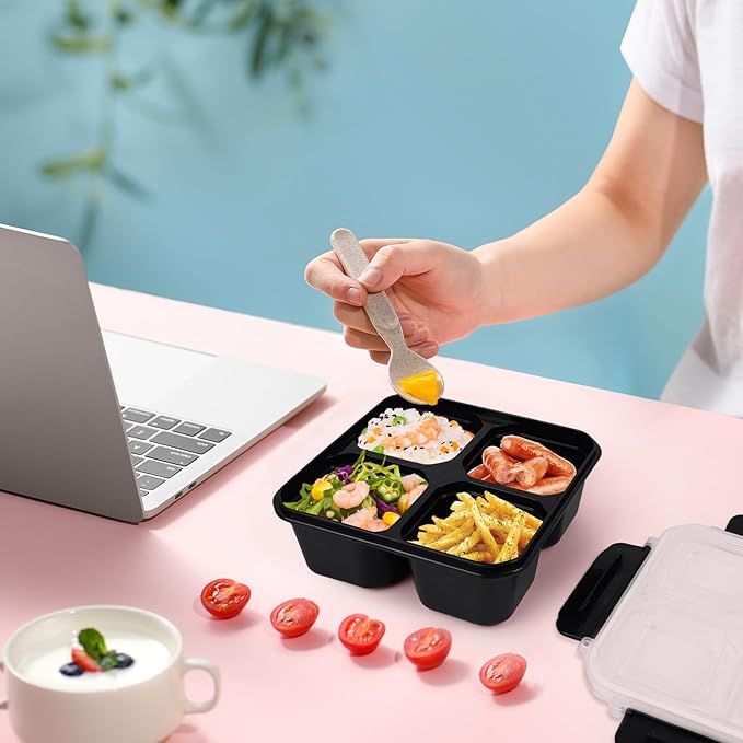 greenandlife 4 Pack Bento Lunch Box Set for Kids Adults, 4 Compartment Reusable Wheat Straw Meal Prep Food Storage Snack Containers, Stackable Snack box, Microwave and Dishwasher Safe, Grey+Black