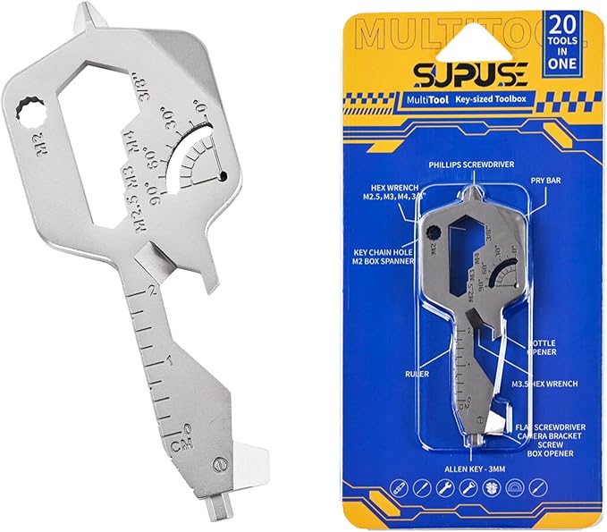 Key Shaped 20 In 1 Keychain Multitool - Pocket Utility Gadget, Bottle Opener Keychain, Wrench, Screw Drivers, Gift for Men and Women, Stainless Steel Keychain Utility Tool, Silver, 1 Pack