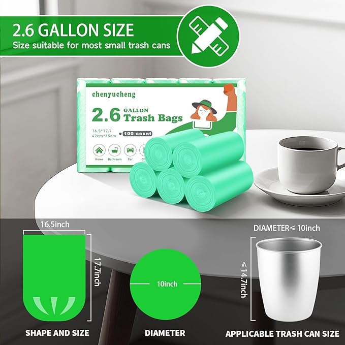 2.6 Gallon Small Biodegradable Trash Bag - Mini Kitchen Bathroom Garbage Bags Green Unscented Compostable 100 Count 10 Liter Waste Basket Liners Office Tiny Car Bulk Strong Thick Chenyucheng
