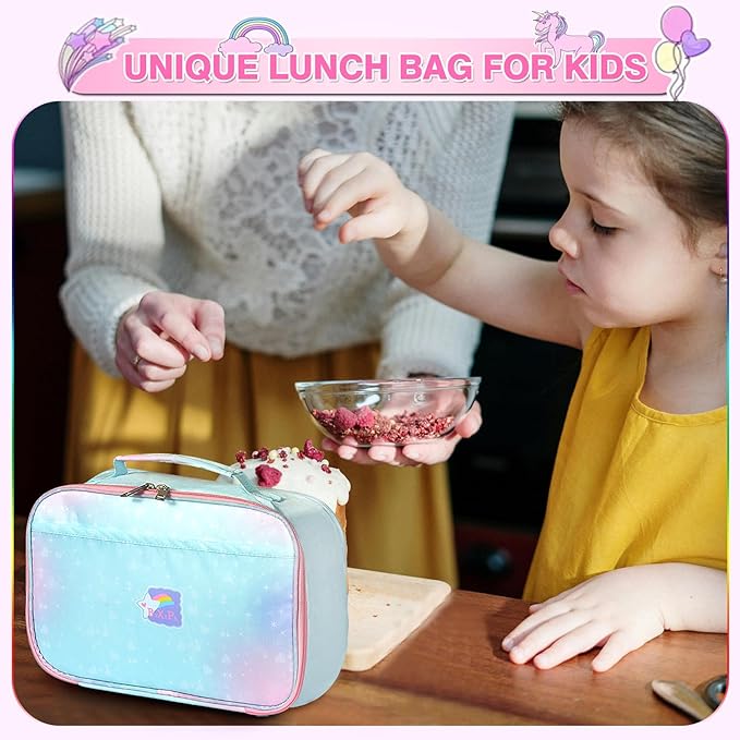 Lunch Box Kids, 11" L x 7" W x 3.5" H, Waterproof Reusable Insulated Lunch Bag for Girls, Cooler Bento Boxes Containers & Snacks for Elementary School Travel (Galaxy Blue)