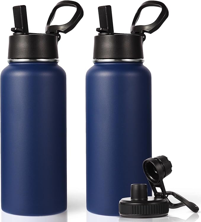 Neihepal 32 oz Insulated Water Bottles with 2 Lids (Straw & Spout Lid), 18/8 Stainless Steel Double Wall Water Bottle for Gym, Travel, Camping, Sports (Navy,2 Pack)