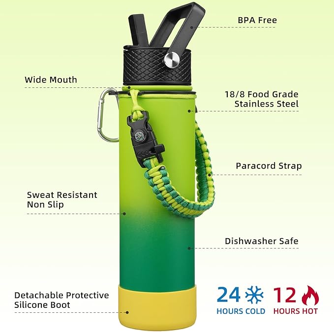 BJPKPK 27oz Insulated Water Bottles with 3 Lids, Paracord Handle & Non-slip Boot,Metal Water Bottle with Straw, BPA Free Leak Proof Thermal Flasks, Tumblers,Bamboo Grove