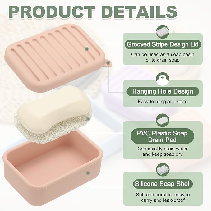 uxcell Shampoo Bar Travel Case, Silicone Leak Proof Soap Bar Case with Draining Layer Soap Container for Traveling, Bathroom, Gym, Camping(4"x2.76"x1.3", Pink)