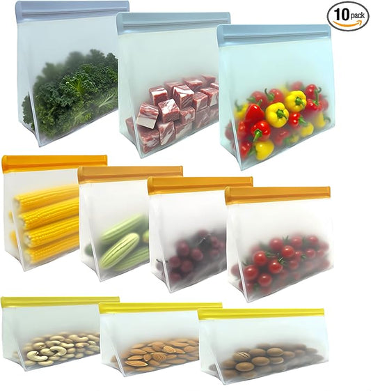10 Pack Freezer Bags Dishwasher Safe, BPA-Free and Leakproof Reusable Gallon Bags for Marinate Meats Vegetables, Standing Up Design Reusable Food Storage Bags, 3 Gallon, 4 Sandwich, 3 Snack