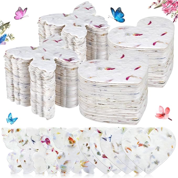 200 Pcs Handmade Seed Paper Plantable Wildflower Seed Paper Recycled Flower Petals Tags Wedding Favors for Guests Craft Gifts Cards for Envelope Birthday Party, 5 Styles (Heart/Butterfly)