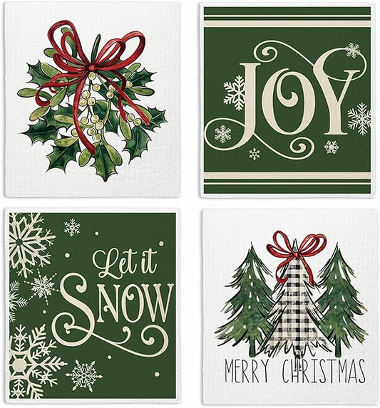 Swedish Dishcloths for Kitchen, Christmas Xmas Tree Green Dish Rags Winter Kitchen Dish Towels for Washing Dishes, 4 Pack Reusable Paper Towels, Sponge Cloths for Home Cleaning Baking Cooking