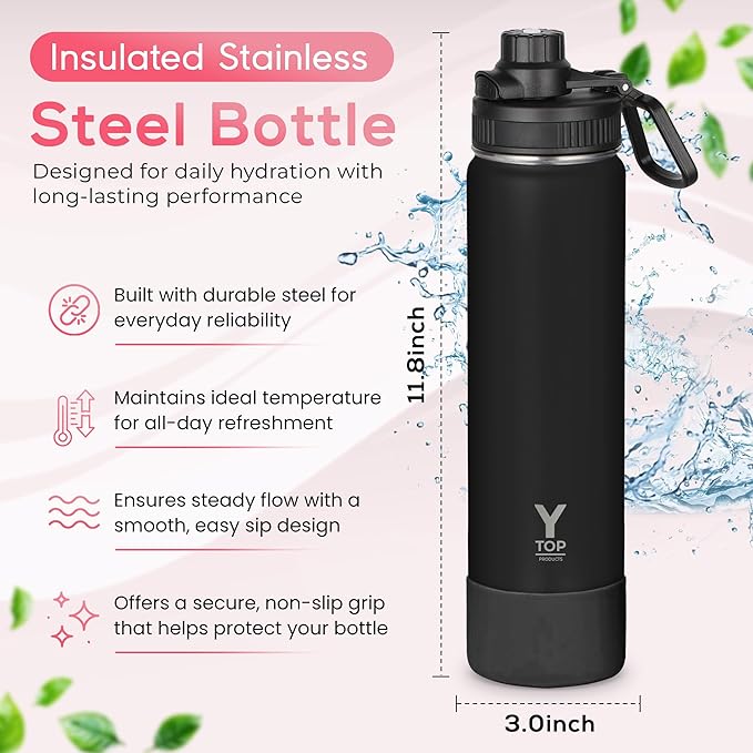 Y TOP 24oz Insulated Water Bottle Cup Holder Friendly, Leak Proof Spout Lid, Double Wall Insulation, Dishwasher Safe, Easy Clean Stainless Steel Water Bottle for Gym Kids Sports Travel School Hiking
