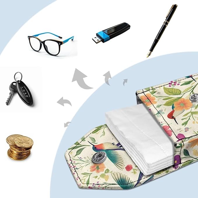 Tissues Purse Pocket Portable Travel Tissue Pouch Snap Button Enclosed Reusable Canvas Pocket Tissue Holder for Purse Coins Daily Outgoing Hummingbird