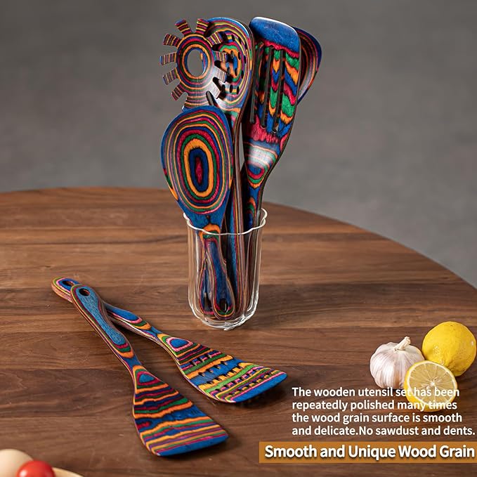 Gudamaye Pakkawood 7-Piece Blue Wooden Cooking Utensils - Wooden Spoons, Kitchen Utensil Set, Non-Stick Spoons