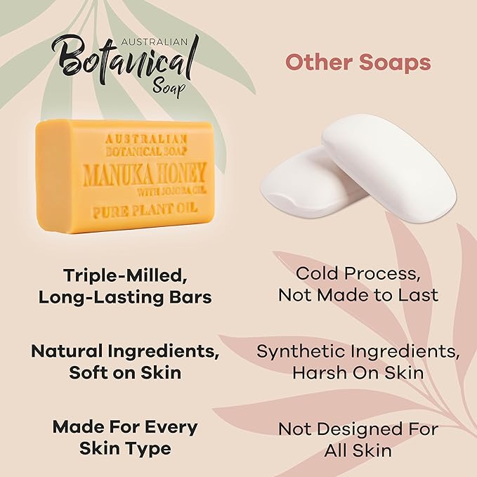 Australian Botanical Soap Manuka Honey with Jojoba Oil 6.6 OZ Luxury Soap Bars Enriched with Shea Butter Suitable for Men, Women and All Skin Types, Pack of 4