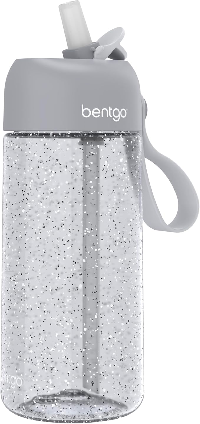 Bentgo Kids Water Bottle - Leak-Proof, Durable Tritan, BPA-Free 15 oz. Cup for Kids/Toddlers Ages 3+, Safe Sip Spout, Carrying Handle, & Dishwasher Safe for School (Glitter Edition - Silver)