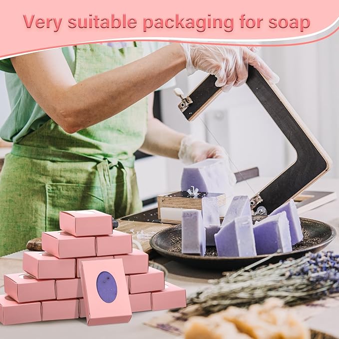 TaoBary 100 Pcs Soap Boxes for Homemade, 3 x 3 x 1.2 Inch Small Paper Gift Packaging Boxes with Window, Gift Wrappers for Soap Packaging Making Party Favor(Oval, Pink)