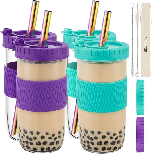 Reusable Glass Mason Jars Cups with Lids and Straws Silicone Sleeves, 4 Pack 24Oz Wide Mouth Smoothie Cups Glass Bubble Tea Cup, Leakproof drinking glasses Water Bottle Travel Tumbler for Large Pearl