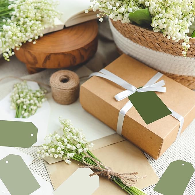 Whaline 120Pcs Sage Green Paper Gift Tags Gradient Green Hanging Labels with Hemp Ropes 4 Colors Blank Paper Tags for Wedding Birthday Holiday DIY Art Craft Supplies, 3 x 2 Inch
