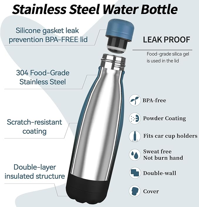 OWS 17oz Insulated Water Bottles Bulk 1/2/4 Pack, Metal Sports Water Bottles, Double Wall Vacuum BPA-Free Flask for School, Sports(indigo black 1pc)