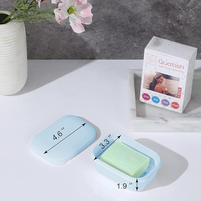 Quatish Leakproof Soap Dish with Lid & Draining Layer, Shatterproof Travel Bar Soap Holder Case Container, Portable Travel Size Toiletries Essentials for Camping, Gym, Bathroom, Blue