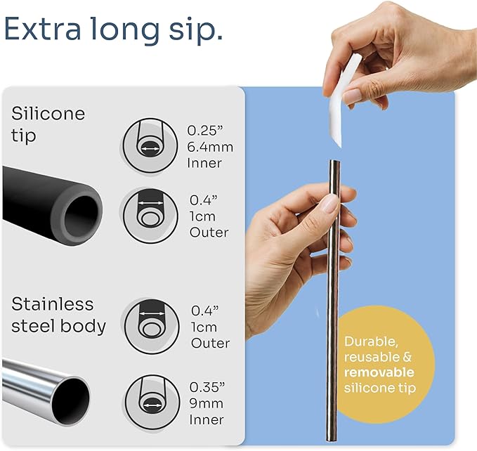 purifyou 14.5 inches Extra Long Stainless Steel Drinking Straws with Silicone Tips, Reusable Metal Straws for Tumblers, Smoothies, Milkshakes (Set of 2 with 2 Extra Silicone Tips, Assorted Colors)