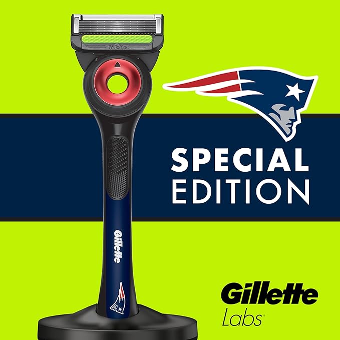 Gillette Labs Special NFL Patriots Edition Shaving Razor for Men - 1 Handle, 4 Razor Blade Refills & Magnetic Stand, Holiday Gifts for Men, GilletteLabs with Exfoliating Bar