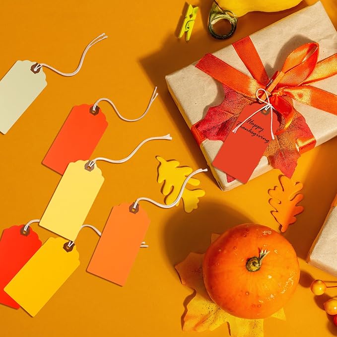 Outus 60 Pcs 4 3/4-in x 2 3/8-in Blank Large Paper Gift Tags with String and Reinforced Eyelet Wire Writable Price Tags Shipping Labels Inventory Labels(Orange)