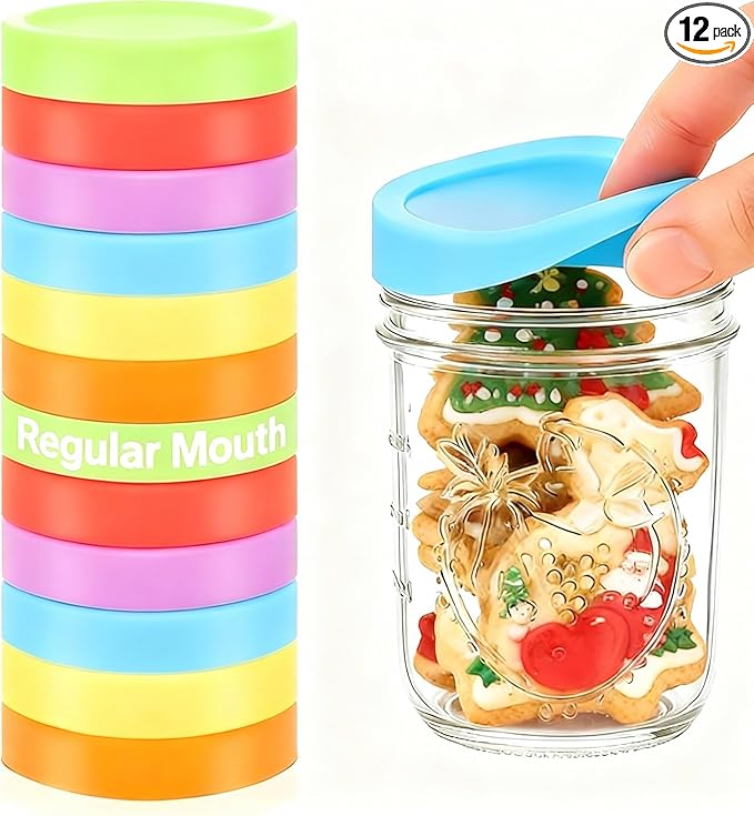12 Pcs Silicone Regular Mouth Lids Mason Jar Lids Thickened Leak Proof Lid for 70 mm All regular mouth Mason Jars, Reusable Large Canning Jar Caps(Red Orange Yellow Green Blue Purple)