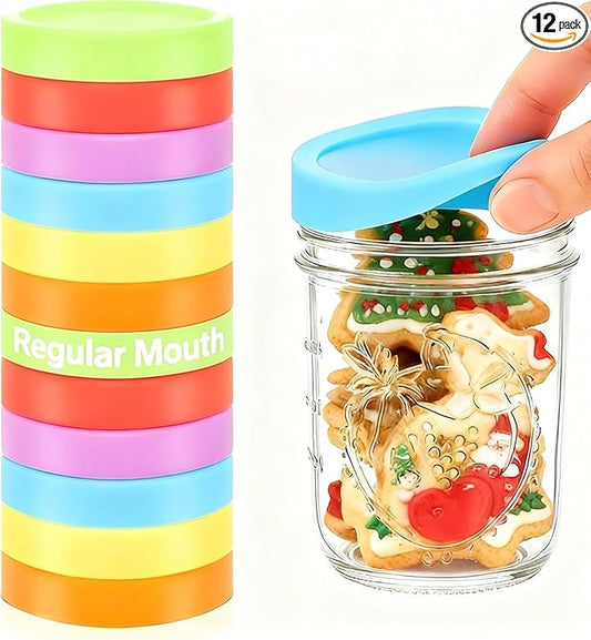 12 Pcs Silicone Regular Mouth Lids Mason Jar Lids Thickened Leak Proof Lid for 70 mm All regular mouth Mason Jars, Reusable Large Canning Jar Caps(Red Orange Yellow Green Blue Purple)