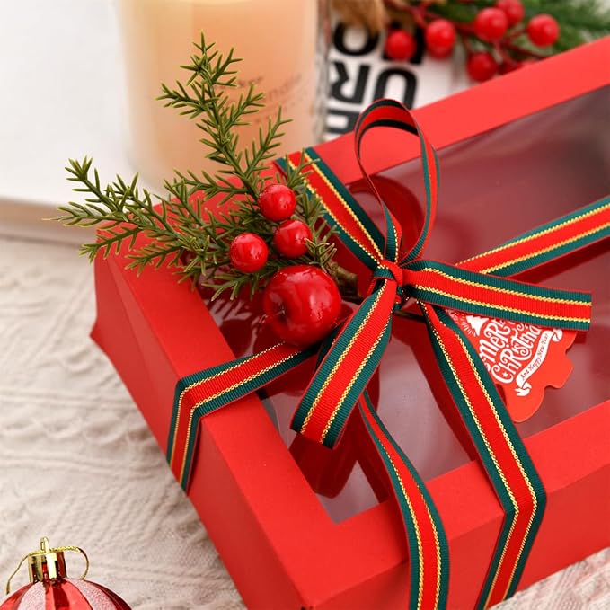12 Pack Christmas Gift Boxes with Clear Window, Red Christmas Gift Boxes with Ribbon, Pine Sprigs & Berry Decorations for Holiday Wrapping, 8.7x5.9x2.8 Inch (RED)
