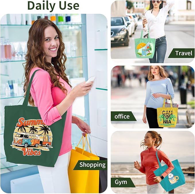 10 Pack Canvas Tote Bag with Zipper, Reusable Grocery Bags with Long Handle, DIY Heat Transfer Sublimation Blanks Shopping Bags for Advertising, Birthday,Thanksgiving, Christmas Gift Bags