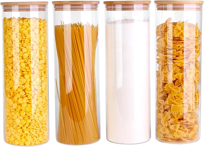 Glass Food Jars with Airtight Bamboo Lids, 77oz Round Glass Canister Set of 4, Pantry Organizers for Cookie Flour Oat Pasta Tea Coffee Bean