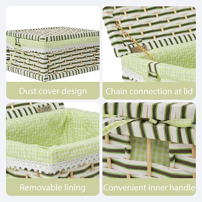 Paper Rope Storage Basket with Lid,Handmade Woven Rustic Green Shelf Basket for Organizing, Decor-Detachable & Washable Lining (Small)