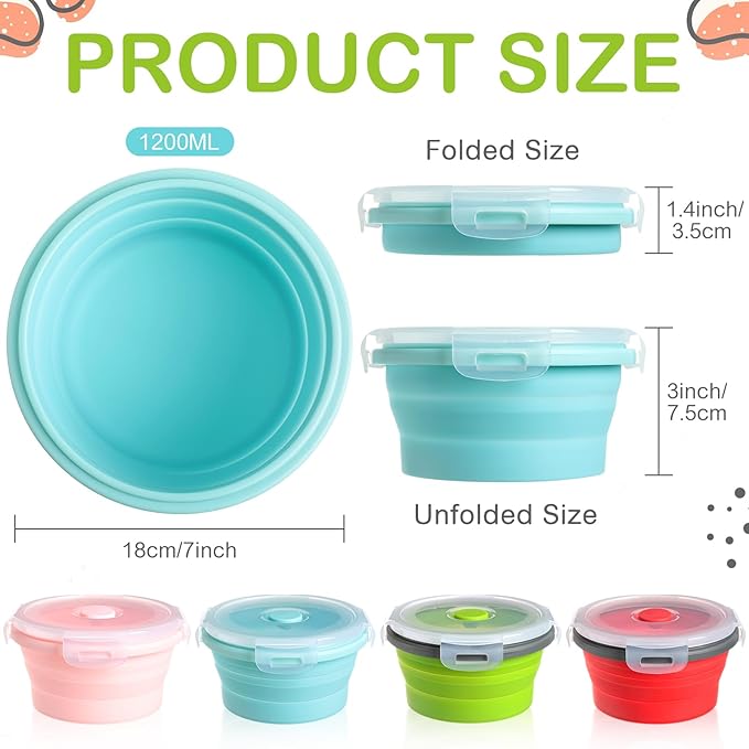 Suclain 4 Pcs Collapsible Bowls with Lids Silicone Camping Food Storage Container Expandable Folding Salad Lunch Box Travel Container for Hiking Camping(Red, Pink, Blue, Green,41 oz)